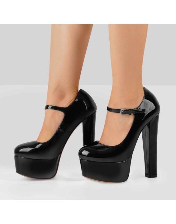 Mary Jane Round Toe Ankle Strap Platform Pumps