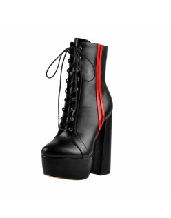 Lace Up Platform Round Toe Side Red Stripes Chunky Heels Ankle Boots
