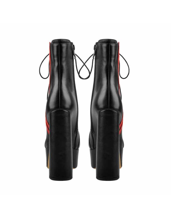 Lace Up Platform Round Toe Side Red Stripes Chunky Heels Ankle Boots