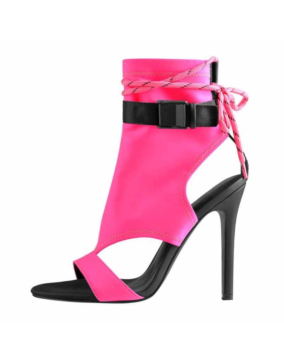 Open Toe Lace-up Ankle Buckle Pink High Heels Booties Sandals