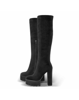 Platform Chunky Heels Round Toe Black Suede Over The Knee Boots