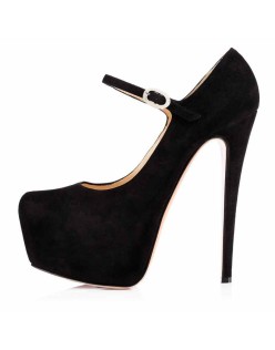 Mary Jane Platform Black Suede Pointed Toe Stiletto High Heels Pumps