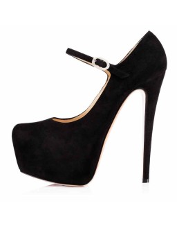 Mary Jane Platform Black Suede Pointed Toe Stiletto High Heels Pumps