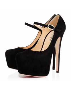 Mary Jane Platform Black Suede Pointed Toe Stiletto High Heels Pumps