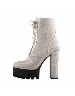 Round Toe Platform Lace Up Boots Silver Mesh Chunky Heels Ankle Booties