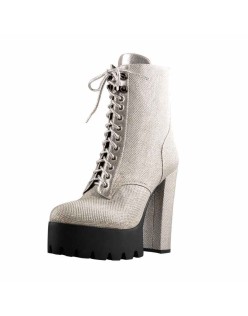 Round Toe Platform Lace Up Boots Silver Mesh Chunky Heels Ankle Booties