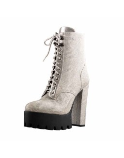 Round Toe Platform Lace Up Boots Silver Mesh Chunky Heels Ankle Booties