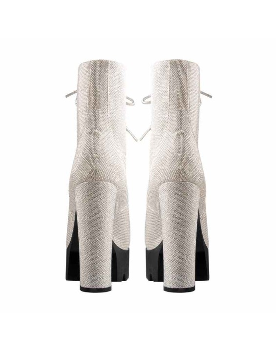 Round Toe Platform Lace Up Boots Silver Mesh Chunky Heels Ankle Booties