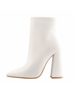 White Woven Pattern Back Zipper Squre Chunky Heel Ankle Boots