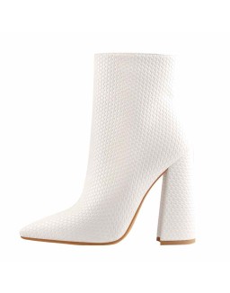White Woven Pattern Back Zipper Squre Chunky Heel Ankle Boots