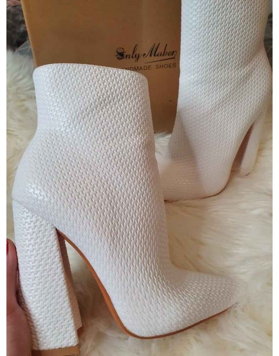 White Woven Pattern Back Zipper Squre Chunky Heel Ankle Boots