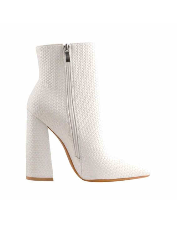 White Woven Pattern Back Zipper Squre Chunky Heel Ankle Boots