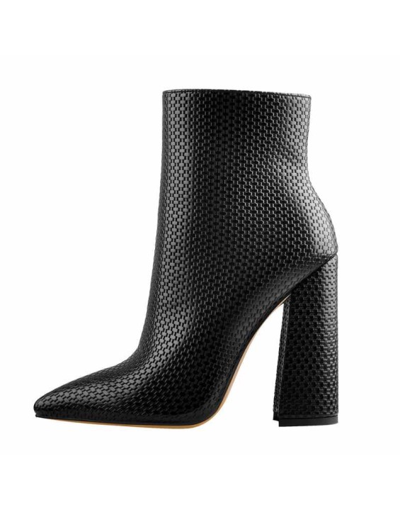 White Woven Pattern Back Zipper Squre Chunky Heel Ankle Boots
