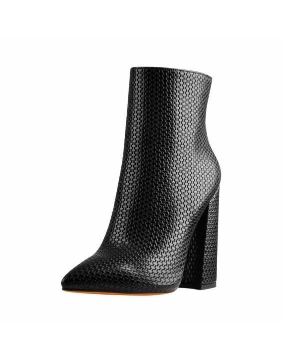 White Woven Pattern Back Zipper Squre Chunky Heel Ankle Boots