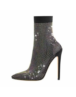 Clear Fishnet Pointed Toe Slim High Heels Rhinestone Sandals Boots