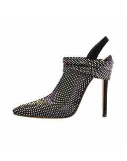 Clear Fishnet Pointed Toe Slim High Heels Rhinestone Sandals Boots