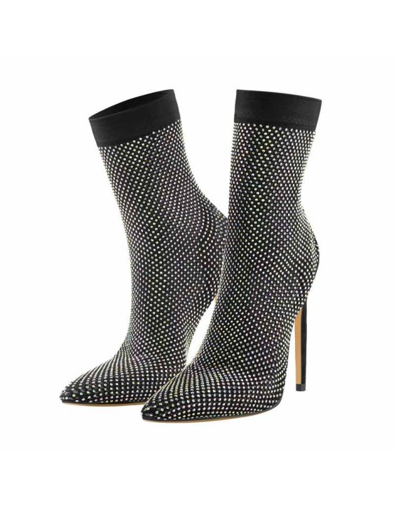 Clear Fishnet Pointed Toe Slim High Heels Rhinestone Sandals Boots