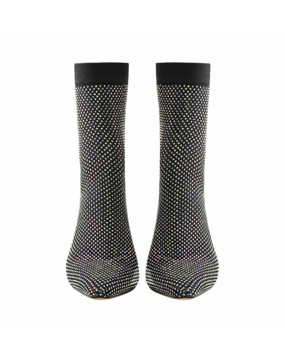 Clear Fishnet Pointed Toe Slim High Heels Rhinestone Sandals Boots
