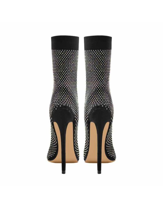 Clear Fishnet Pointed Toe Slim High Heels Rhinestone Sandals Boots
