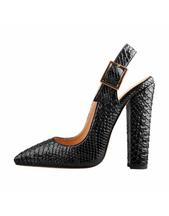 Slingback Pointed Toe Fish Scale Chunky Heel Pumps
