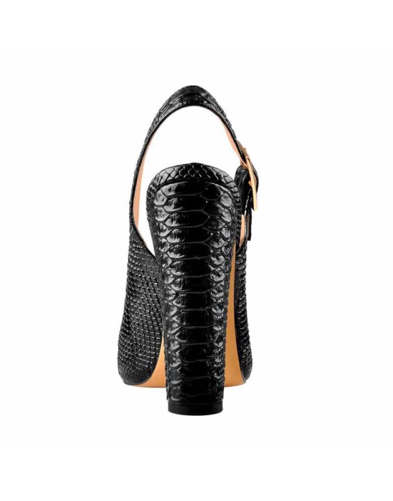 Slingback Pointed Toe Fish Scale Chunky Heel Pumps