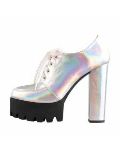 Block Heel Metallic Iridescent Round Toe Holographic Ankle Booties