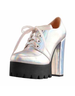 Block Heel Metallic Iridescent Round Toe Holographic Ankle Booties