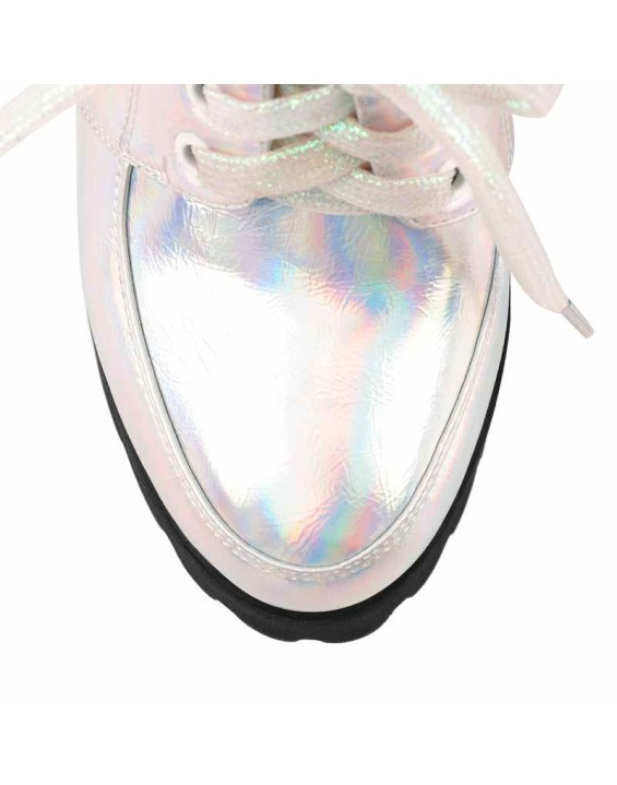 Block Heel Metallic Iridescent Round Toe Holographic Ankle Booties