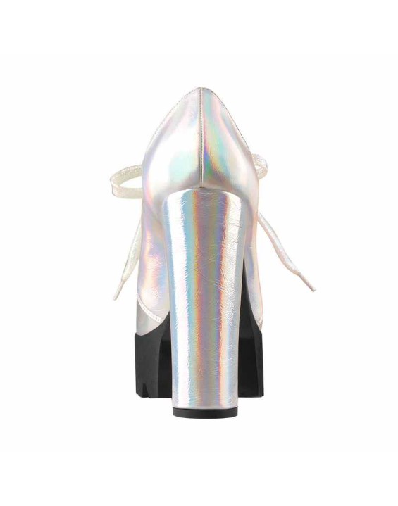 Block Heel Metallic Iridescent Round Toe Holographic Ankle Booties