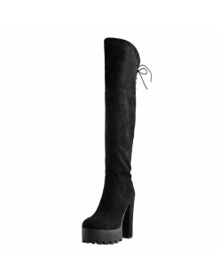 Faux Suede Lace Up Round Toe Thigh High Winter Bootie