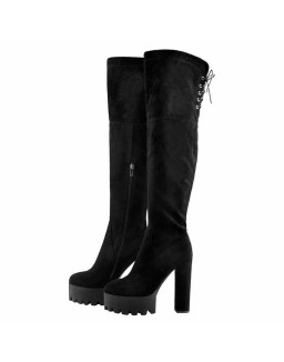Faux Suede Lace Up Round Toe Thigh High Winter Bootie
