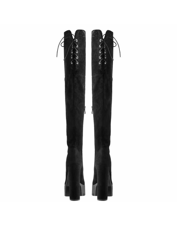 Faux Suede Lace Up Round Toe Thigh High Winter Bootie