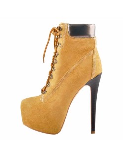 Yellow Platform Round Toe Lace-up Suede Ankle Boots