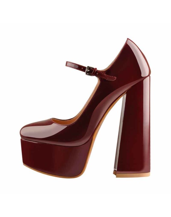 Burgundy Platform Pointed Toe Chunky Square High Heels Pumps