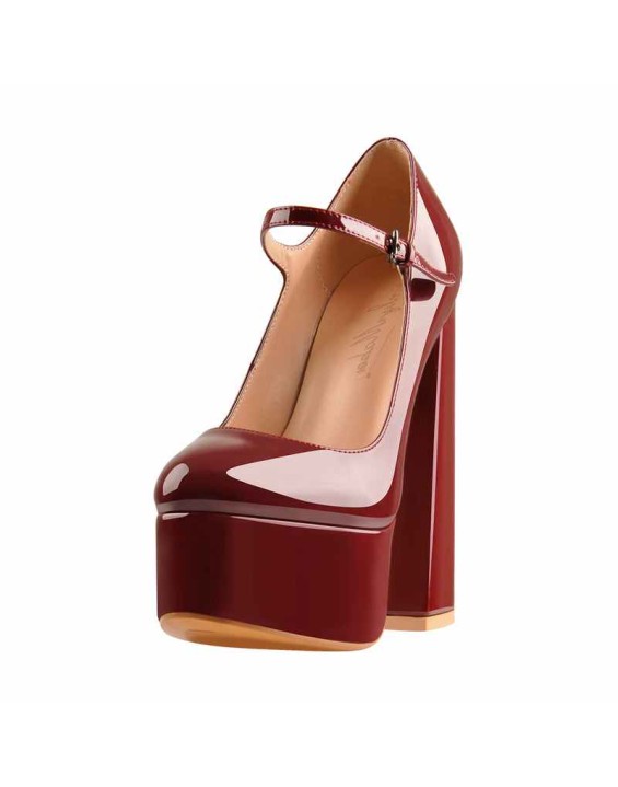 Burgundy Platform Pointed Toe Chunky Square High Heels Pumps