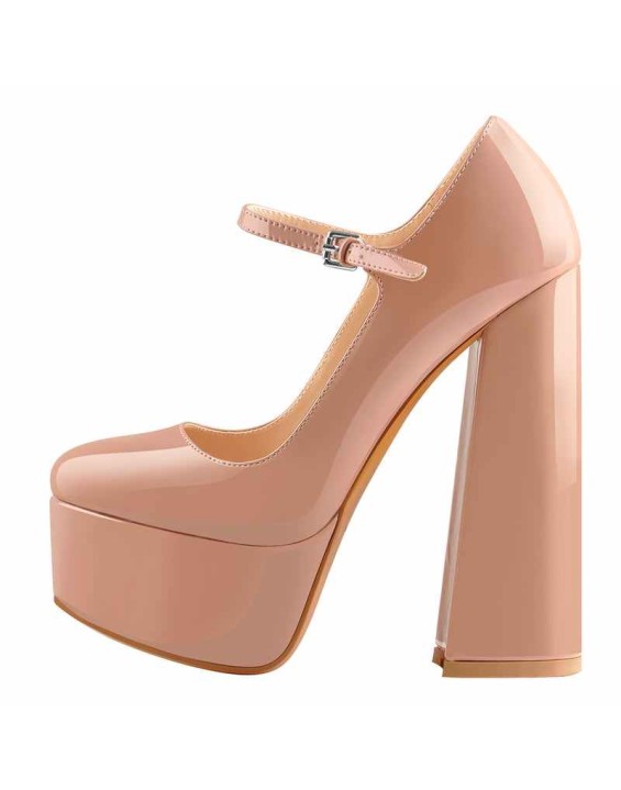 Mary Jane Baby Pink Pumps Platform Chunky High Heels Round Toe Ankle Strap Pumps