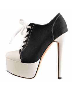 Black Canvas Low Top Sneaker Platform Lace Up High Heel Ankle Boots