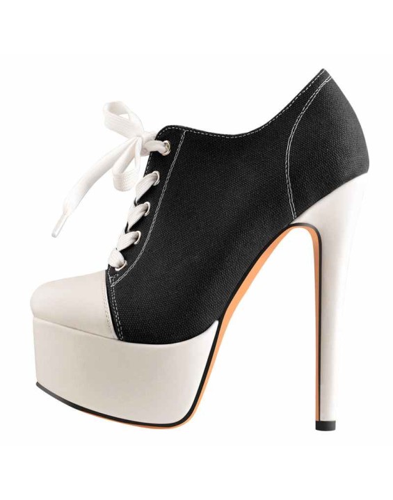 Black Canvas Low Top Sneaker Platform Lace Up High Heel Ankle Boots