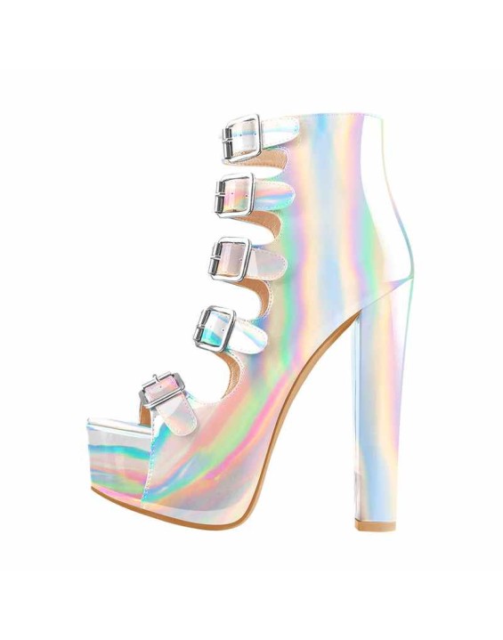 Patent Leather Platform Open Toe Five Buckle Strap Chunky Heels Ankle Sandals Boots