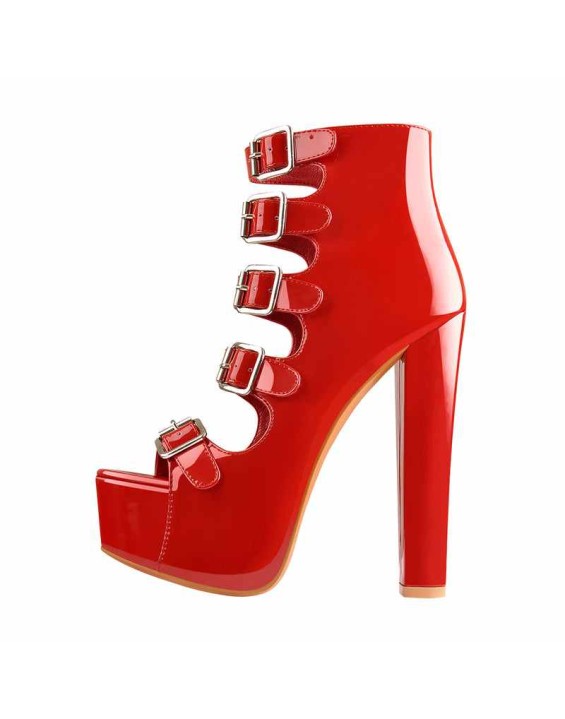 Patent Leather Platform Open Toe Five Buckle Strap Chunky Heels Ankle Sandals Boots
