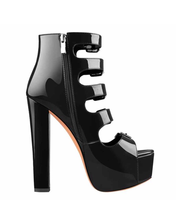 Patent Leather Platform Open Toe Five Buckle Strap Chunky Heels Ankle Sandals Boots