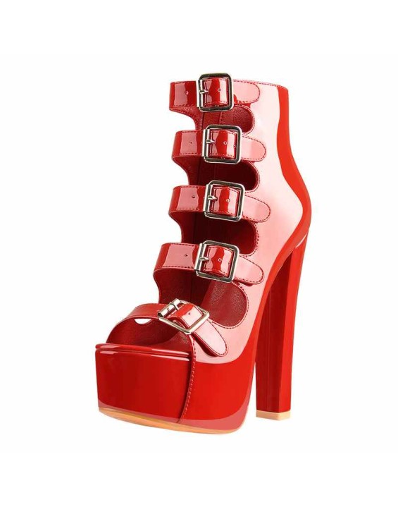 Patent Leather Platform Open Toe Five Buckle Strap Chunky Heels Ankle Sandals Boots