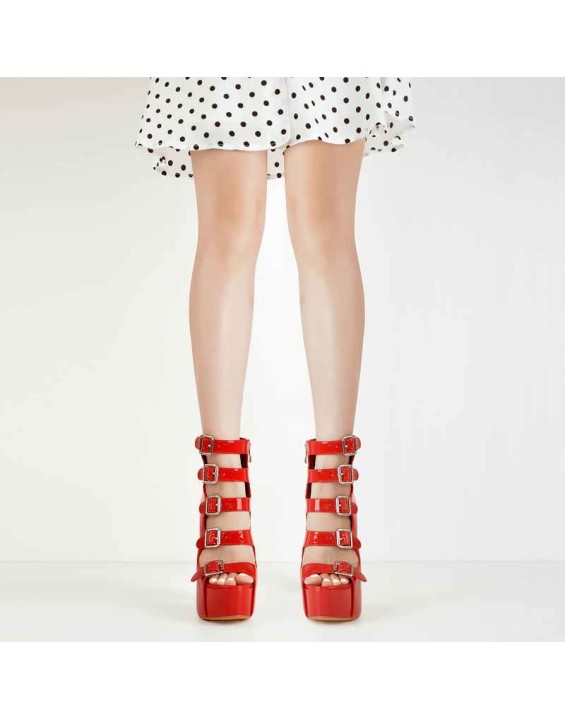 Patent Leather Platform Open Toe Five Buckle Strap Chunky Heels Ankle Sandals Boots