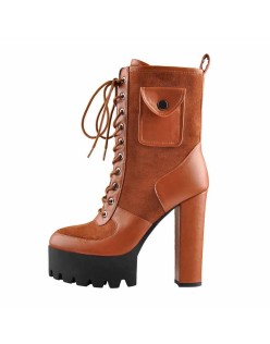 Platform Lace Up Chunky Heel Combat Mid Calf Pocket Fashion Boots