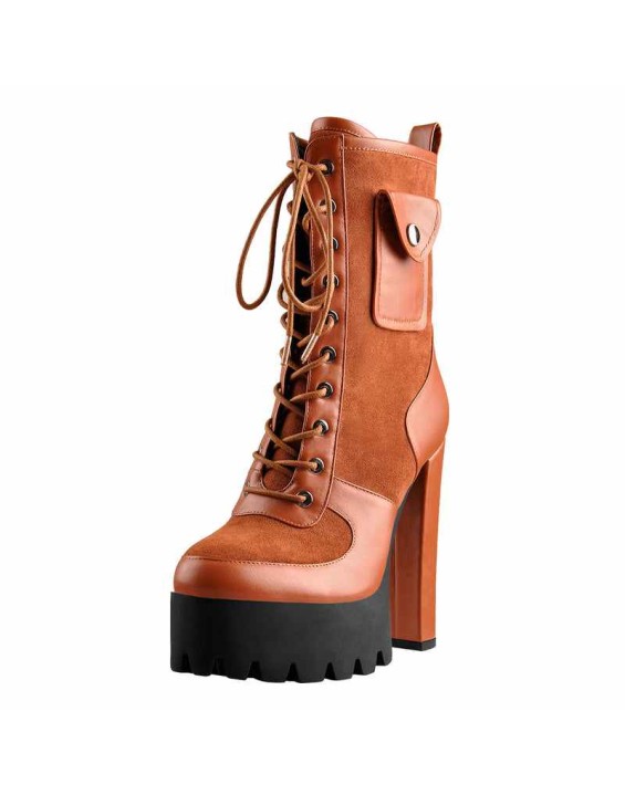 Platform Lace Up Chunky Heel Combat Mid Calf Pocket Fashion Boots