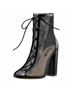 Chunky Heel Peep Toe Lace Up Mesh Ankle Booties Sandals