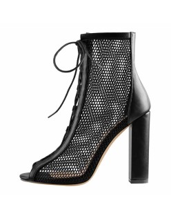 Chunky Heel Peep Toe Lace Up Mesh Ankle Booties Sandals