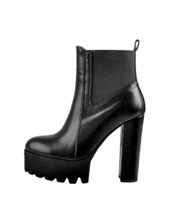 Round Toe Black Matte Leather Platform Chunky High Heel Ankle Boots