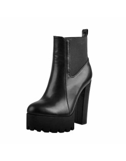 Round Toe Black Matte Leather Platform Chunky High Heel Ankle Boots