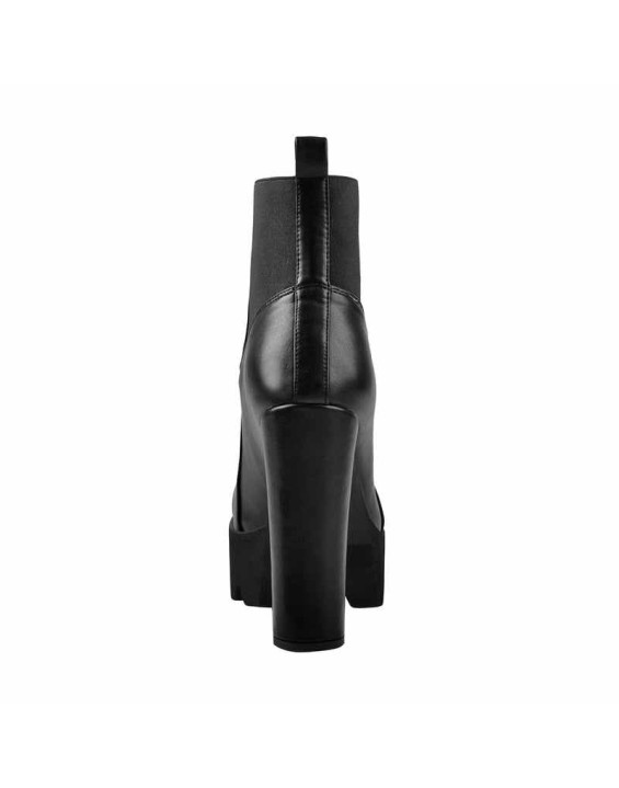 Round Toe Black Matte Leather Platform Chunky High Heel Ankle Boots